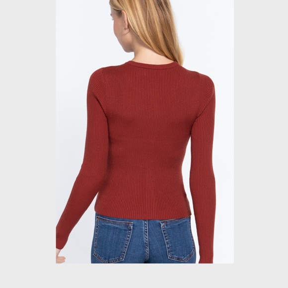 Cardigan Sweater Ribbed Knit Crew Neck Button Down Brick Red Size Small NWT - Picture 3 of 4